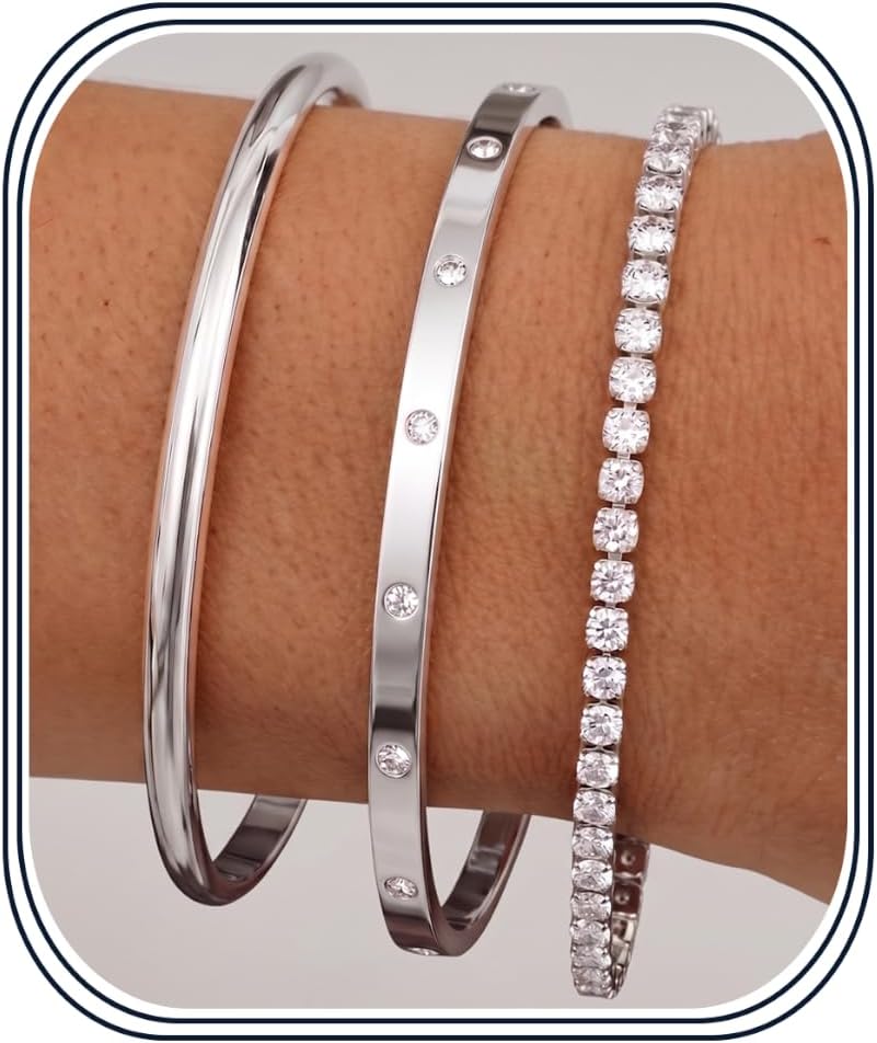 14K Gold Bracelets for Women Trendy Bangle Cuff Tennis Bracelets Set