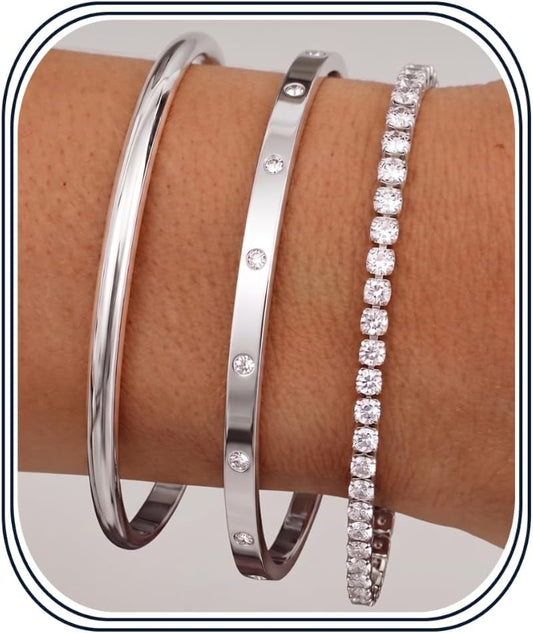 14K Gold Bracelets for Women Trendy Bangle Cuff Tennis Bracelets Set