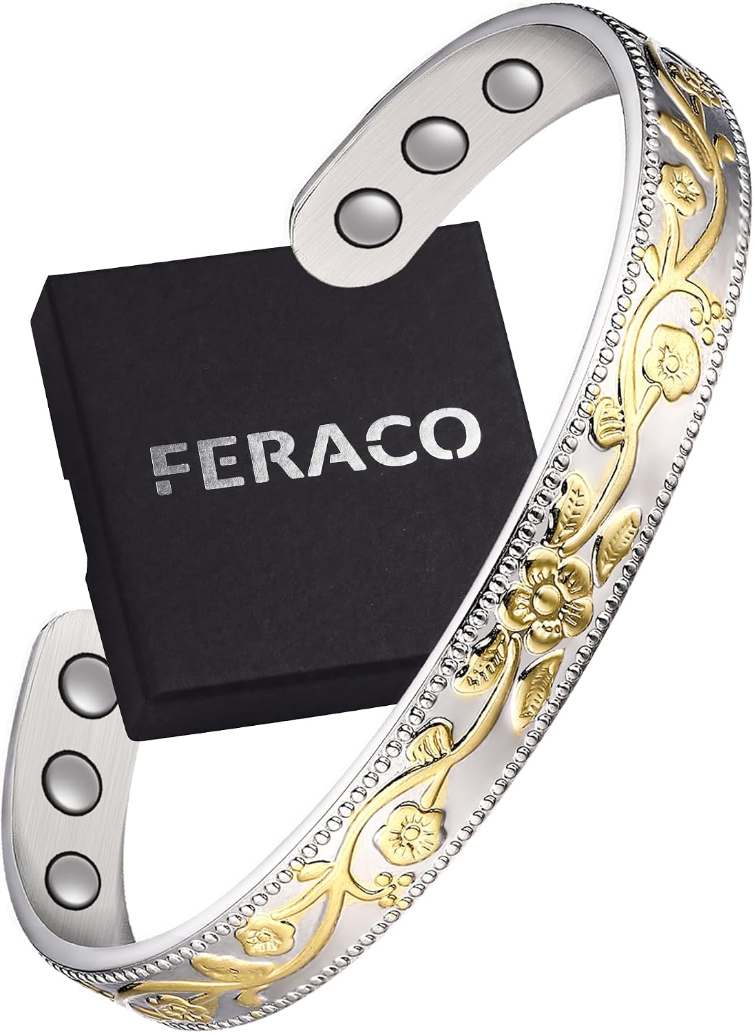 Feraco Copper Bracelet & Rings for Women, Vintage Flower Magnetic Bangle