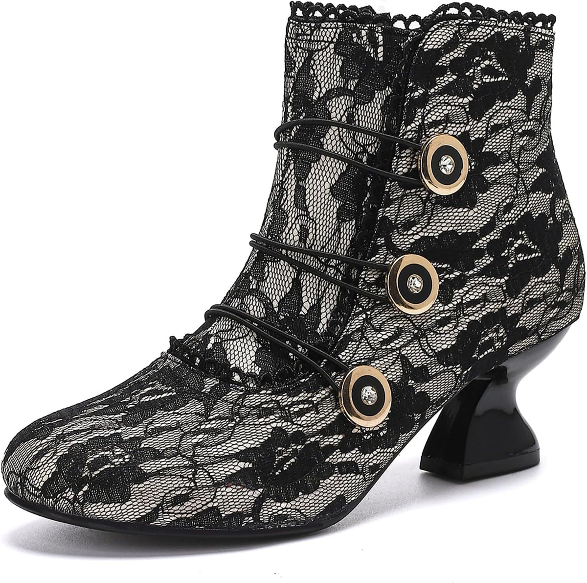Women's Ankle Boots Low Heels Lace Buttons Round Toe Side Zipper Vintage Short Boots Autumn Winter