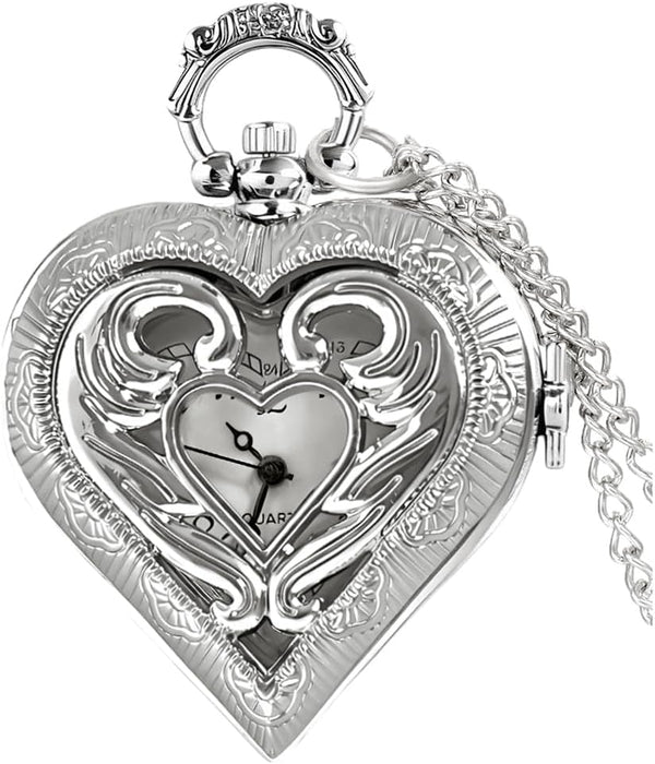 Heart-Shaped Analog Pocket Watch Necklace