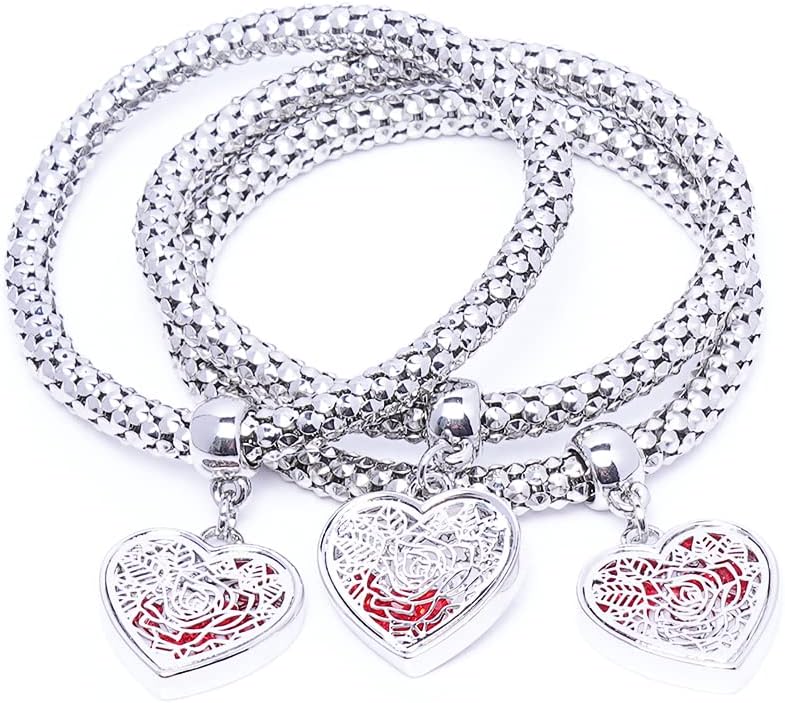 SILANER Crystal Charms Multilayer Bracelets - 3PCS Gold/Silver/Rose Gold Corn Chain Bracelet for Women, Tree of Life Heart Shaped Stretch Bracelet