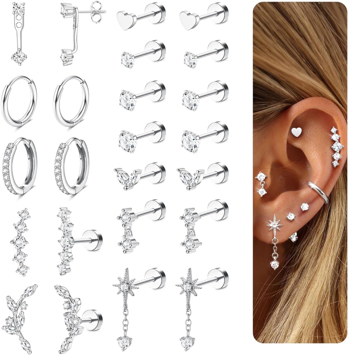 LOLIAS Hypoallergenic Flat Back Earrings-Cartilage Earring Stacks-Surgical Steel Earrings