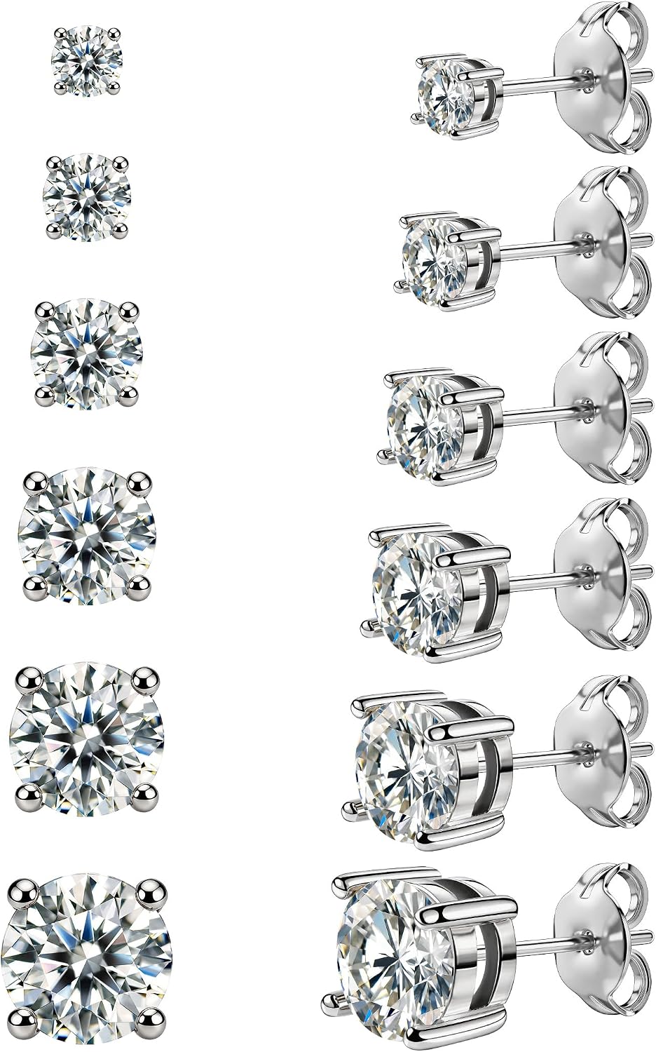 6 Pairs Stud Earrings Set, Hypoallergenic Cubic Zirconia 316L Earrings Stainless Steel CZ Earrings 3-8mm (Steel color)
