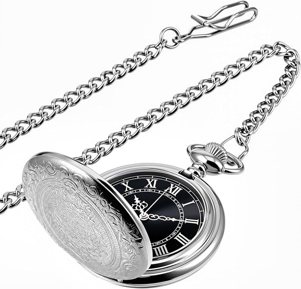 Men's Quartz Pocket Watch with Black Dial and Chain