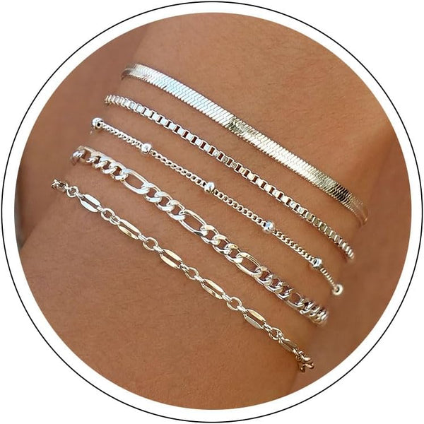 Dainty Simple Gold Bracelets for Women, Stackable Satellite Paperclip Lip 14K Gold Plated Bracelet Set Tiny Lip Dot Chain Box Link for Minimalist Gift Cute Trendy Jewelry Gold Accessories for Women
