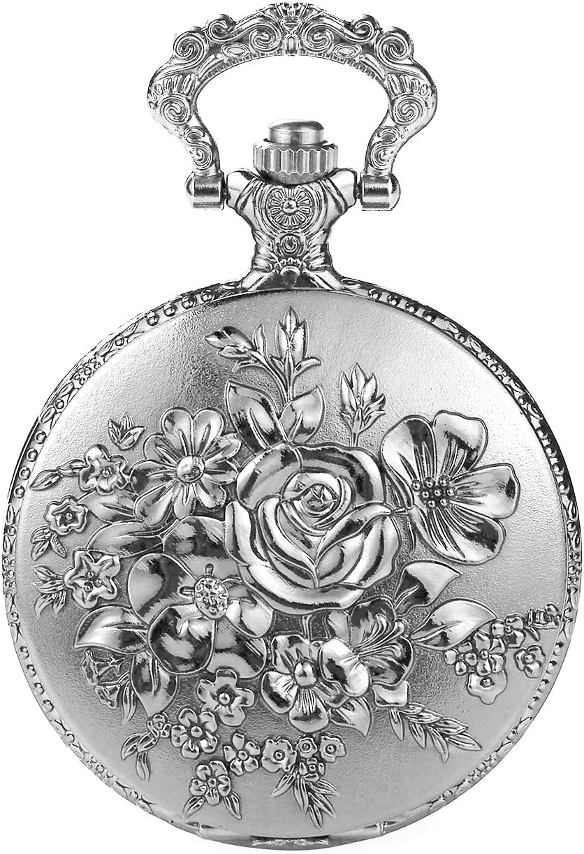 Retro Flower Openwork Cover Quartz Pocket Watch with Chain Half Hunter