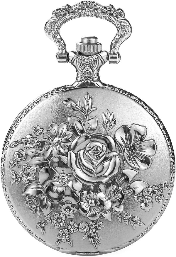 Retro Flower Openwork Cover Quartz Pocket Watch with Chain Half Hunter