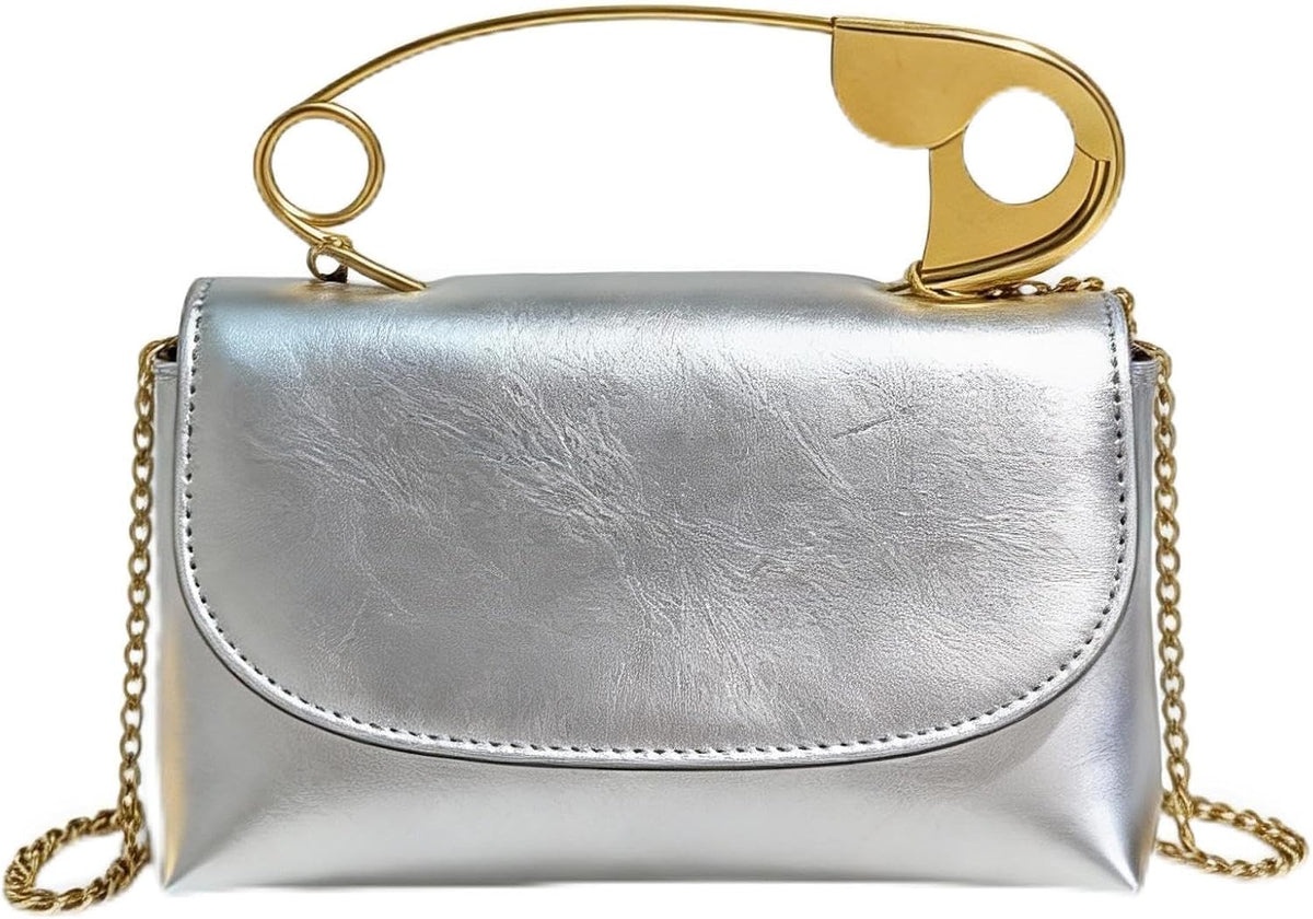Women's Safety Pin Leather Crossbody Clutch with Gold Handles & Chain