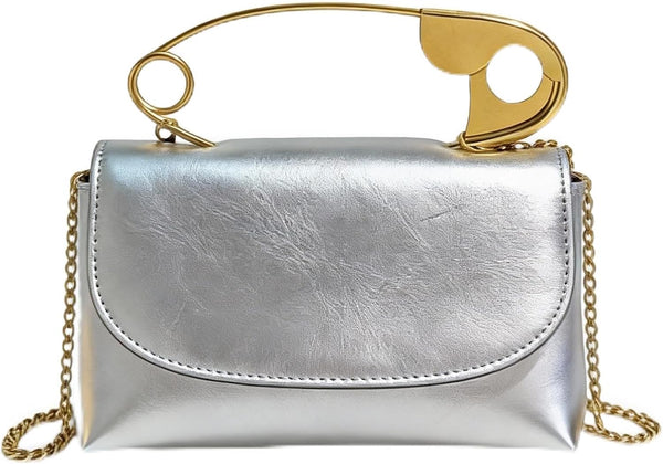 Women's Safety Pin Leather Crossbody Clutch with Gold Handles & Chain