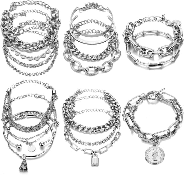 18-25 PCS(6 Pack) Boho Gold Silver Stackable Bracelets Set for Women