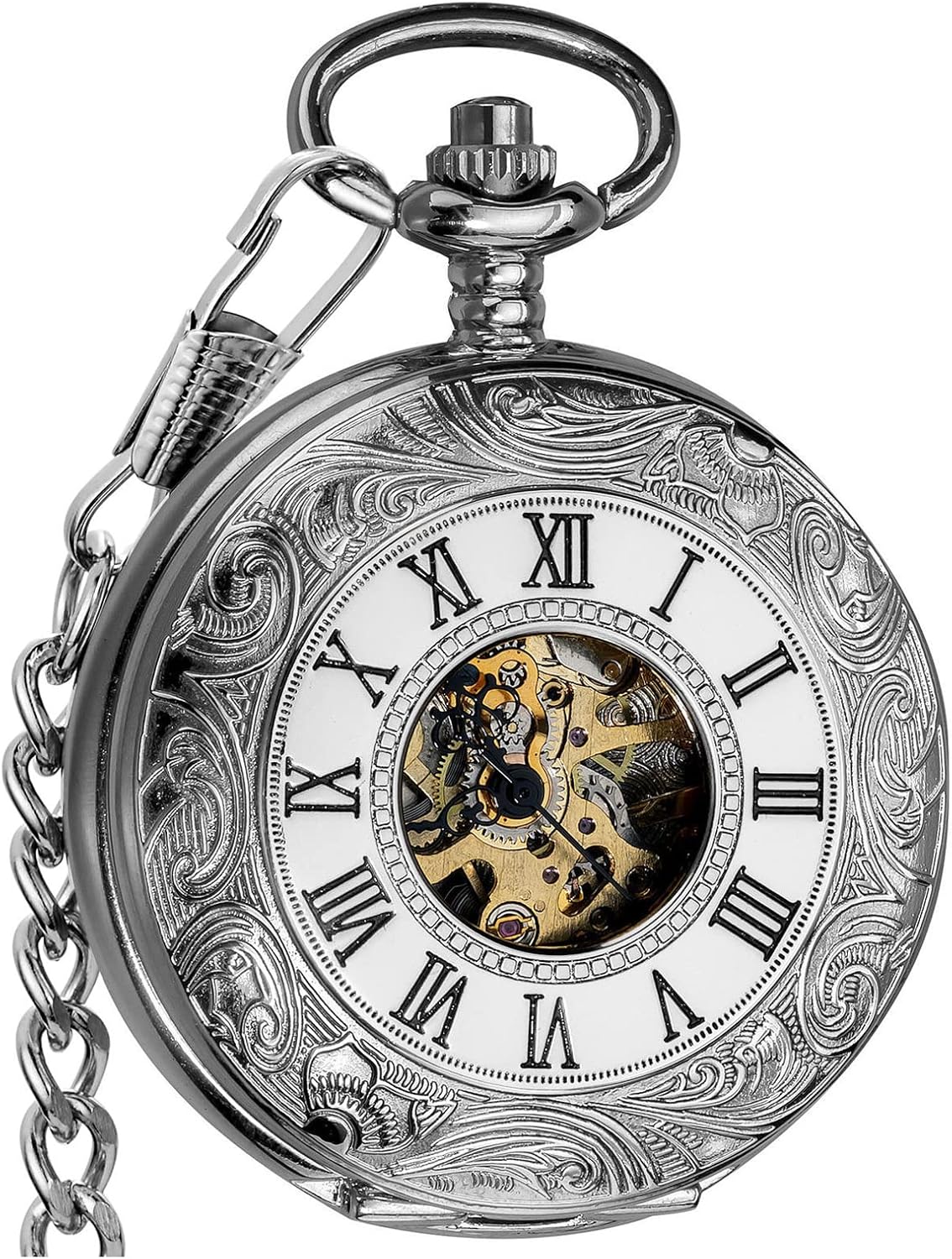 Mechanical Skeleton Pocket Watch with Chain