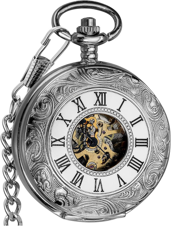 Mechanical Skeleton Pocket Watch with Chain