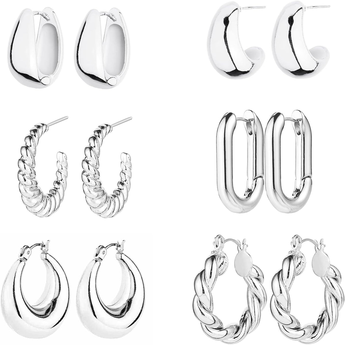 6 Pairs 14K Gold Plated Hoop Earrings for Women Lightweight Chunky Hoop Earrings Multipack Hypoallergenic, Thick Open Twisted Huggie Hoops Earring