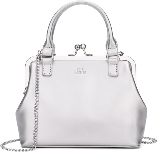 Vintage PU Leather Kiss-Lock Clutch Handbag