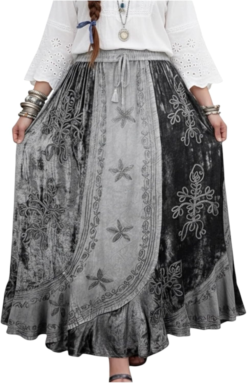Agan Summer Long Skirts for Women, Boho Embroidered Rayon Velvet Maxi Skirt