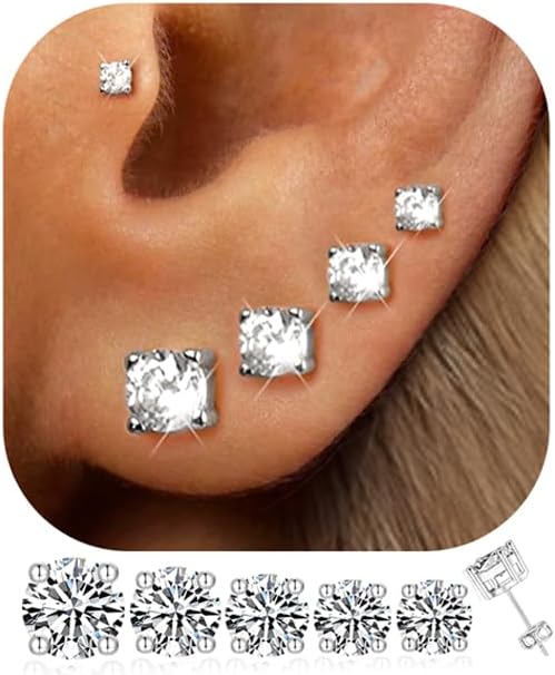 5 Pairs 14K Gold Plated Stud Earrings for Women, CZ Multiple Piercing Set