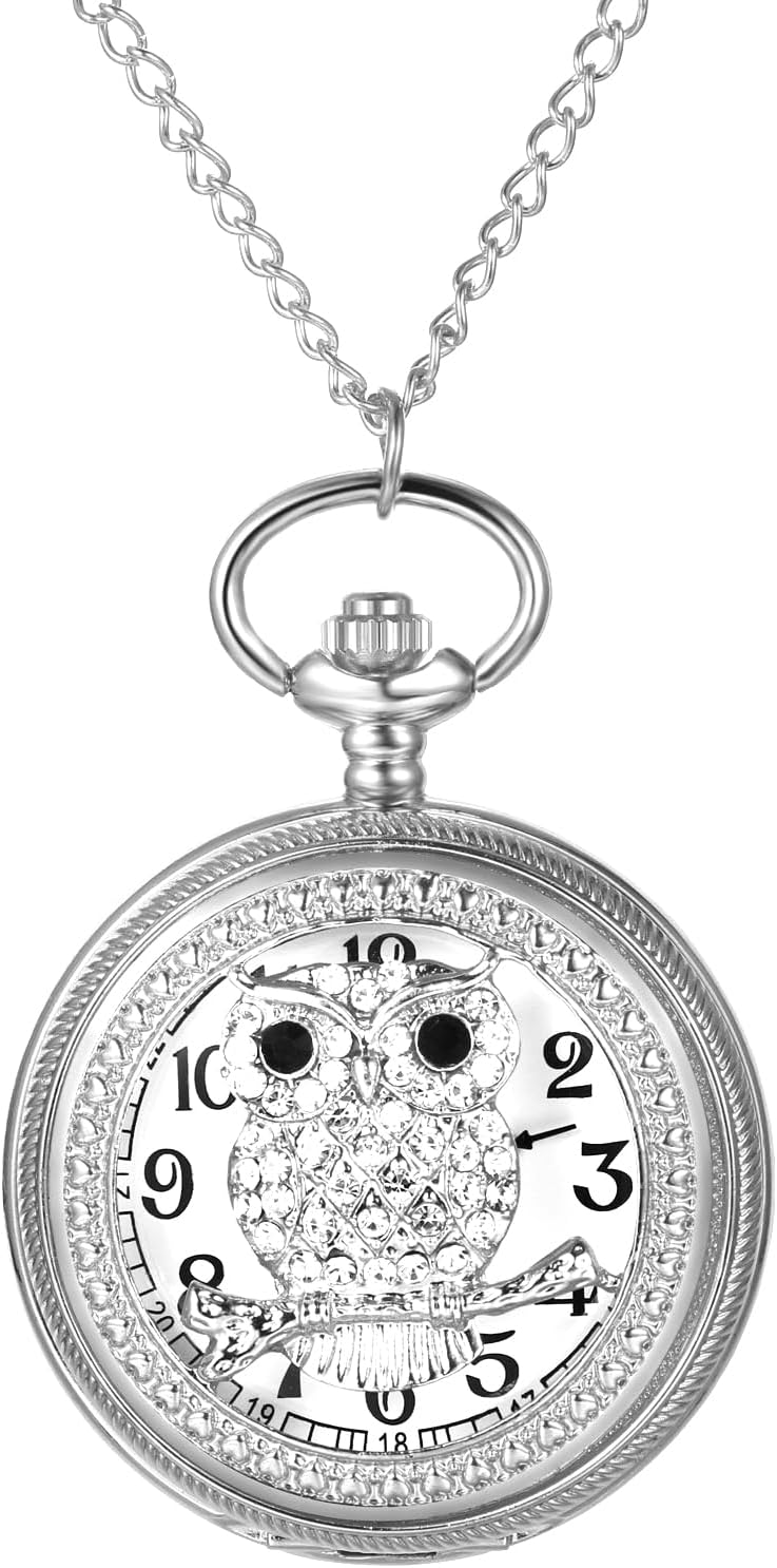 Women's Pocket Watch Skeleton Owl Pocket Watches Pendant Necklace Rhin