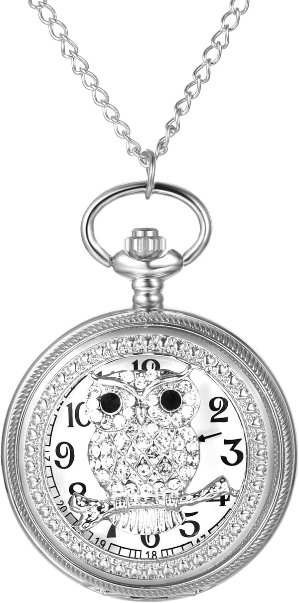 Women's Pocket Watch Skeleton Owl Pocket Watches Pendant Necklace Rhin