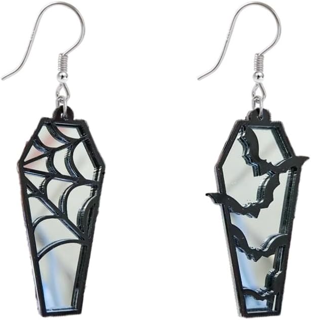 Halloween Coffin Mirror Asymmetric Hook Hoop Earrings Acrylic Bat Spider Web Horror Casket Dangle Drop Earring Punk Jewelry Gifts for Women Bff