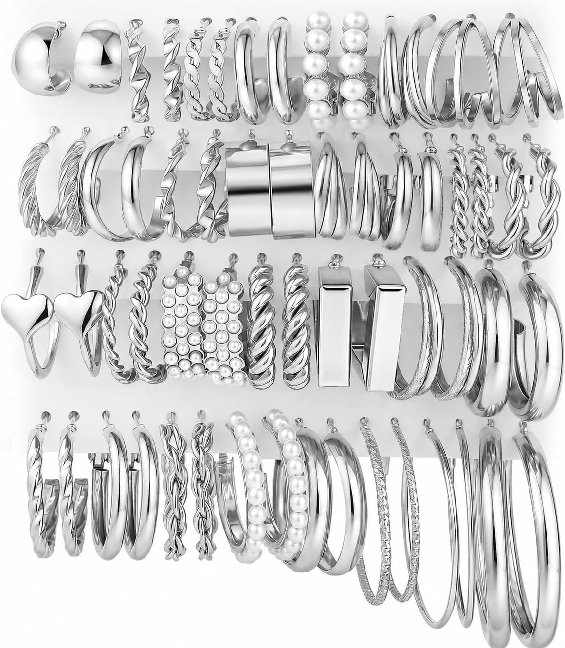 30 Pairs Gold Hoop Earrings Set for Women, Hypoallergenic Pearl Twisted Statement Hoops Multipack, Small to Chunky Hoop Earrings for Women Trendy