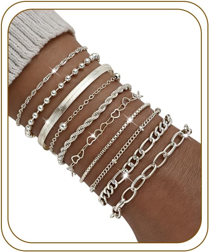 10 Pcs 14K Gold Plated Bracelet for Women, Dainty Stackable Chain Set