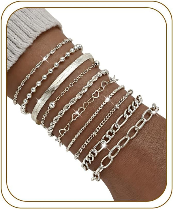 10 Pcs 14K Gold Plated Bracelet for Women, Dainty Stackable Chain Set