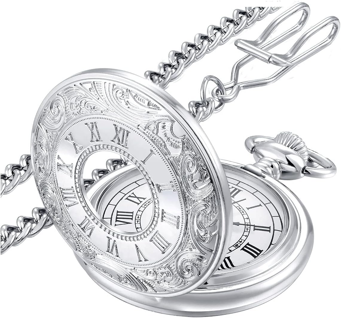 Vintage Roman Numeral Quartz Pocket Watch with Chain