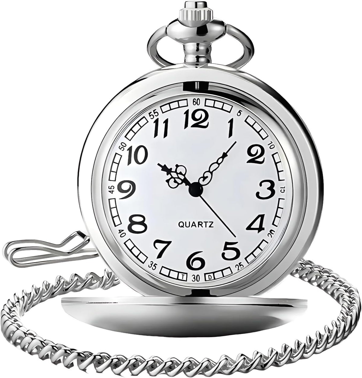 Smooth Vintage Pocket Watch with Chain, Arabic Numerals Scale