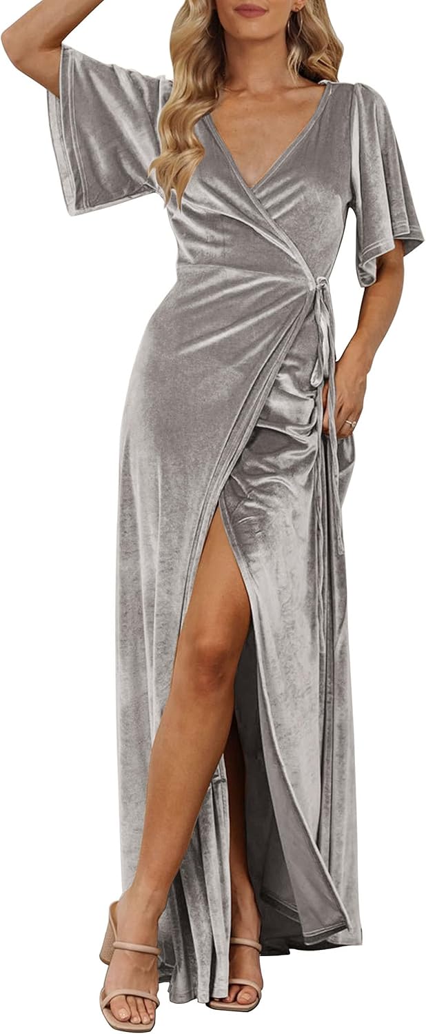 MEROKEETY Women's Wrap V Neck Wedding Guest Cocktail Velvet Maxi Dress