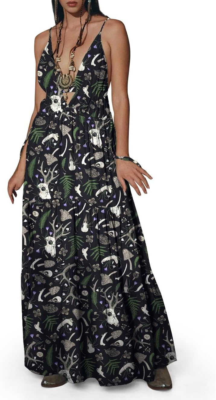 Womens Summer Sun Dresses Mystical Gothic Maxi Dress Casual Floral Witch Dress Date Dress Halloween Outfits