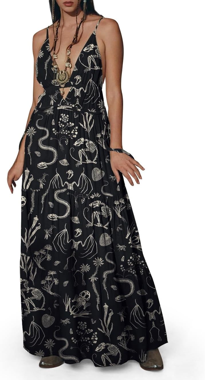Womens Summer Sun Dresses Mystical Gothic Maxi Dress Casual Floral Witch Dress Date Dress Halloween Outfits