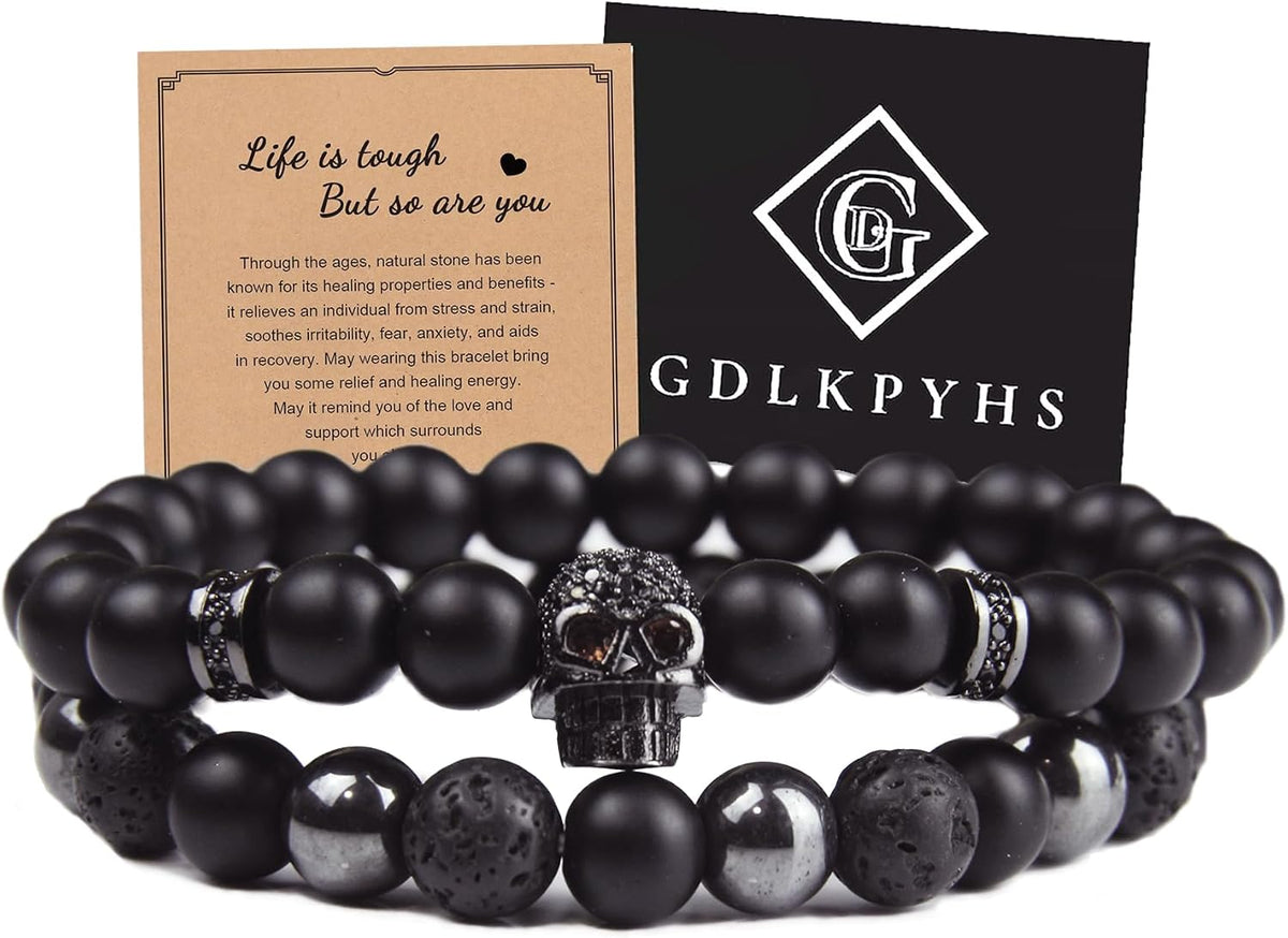 Black Obsidian Bracelet for Men - Black Tourmaline Beaded Bracelets - Mens Bracelet Set 8MM Black Onyx Hematite Lava Stone Beads Triple Protection Bracelet for Men Women Gifts