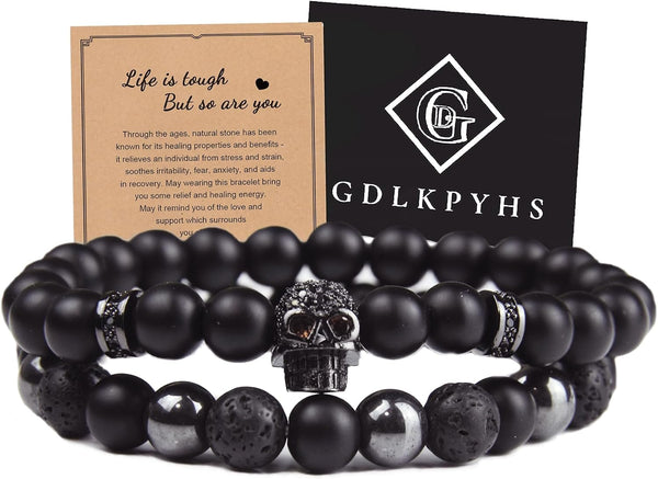 Black Obsidian Bracelet for Men - Black Tourmaline Beaded Bracelets - Mens Bracelet Set 8MM Black Onyx Hematite Lava Stone Beads Triple Protection Bracelet for Men Women Gifts