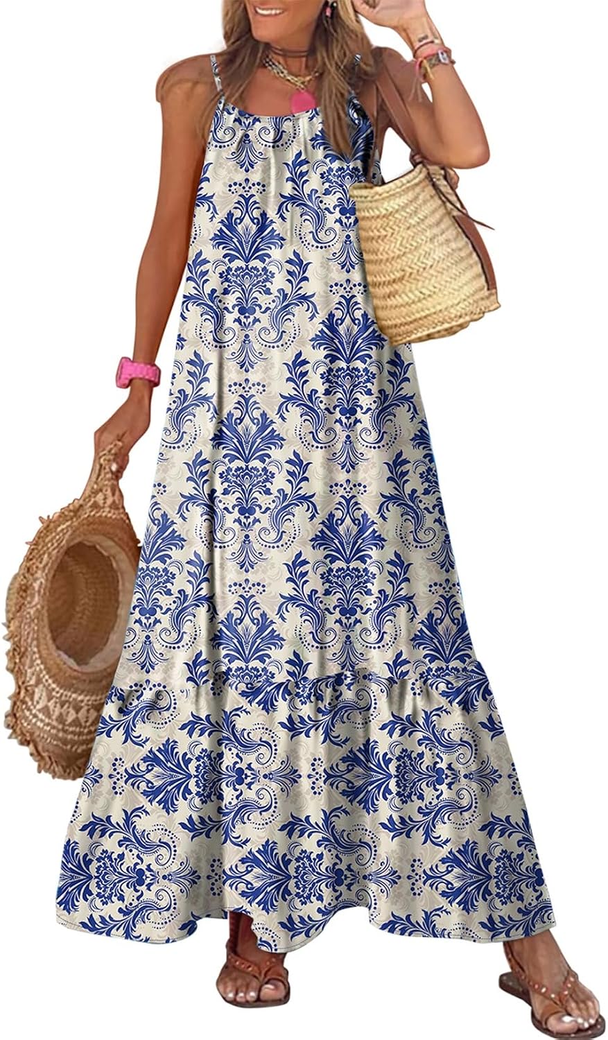 Dokotoo Women Summer Dresses Scoop Neck Ruffle Flowy Boho Maxi Dress