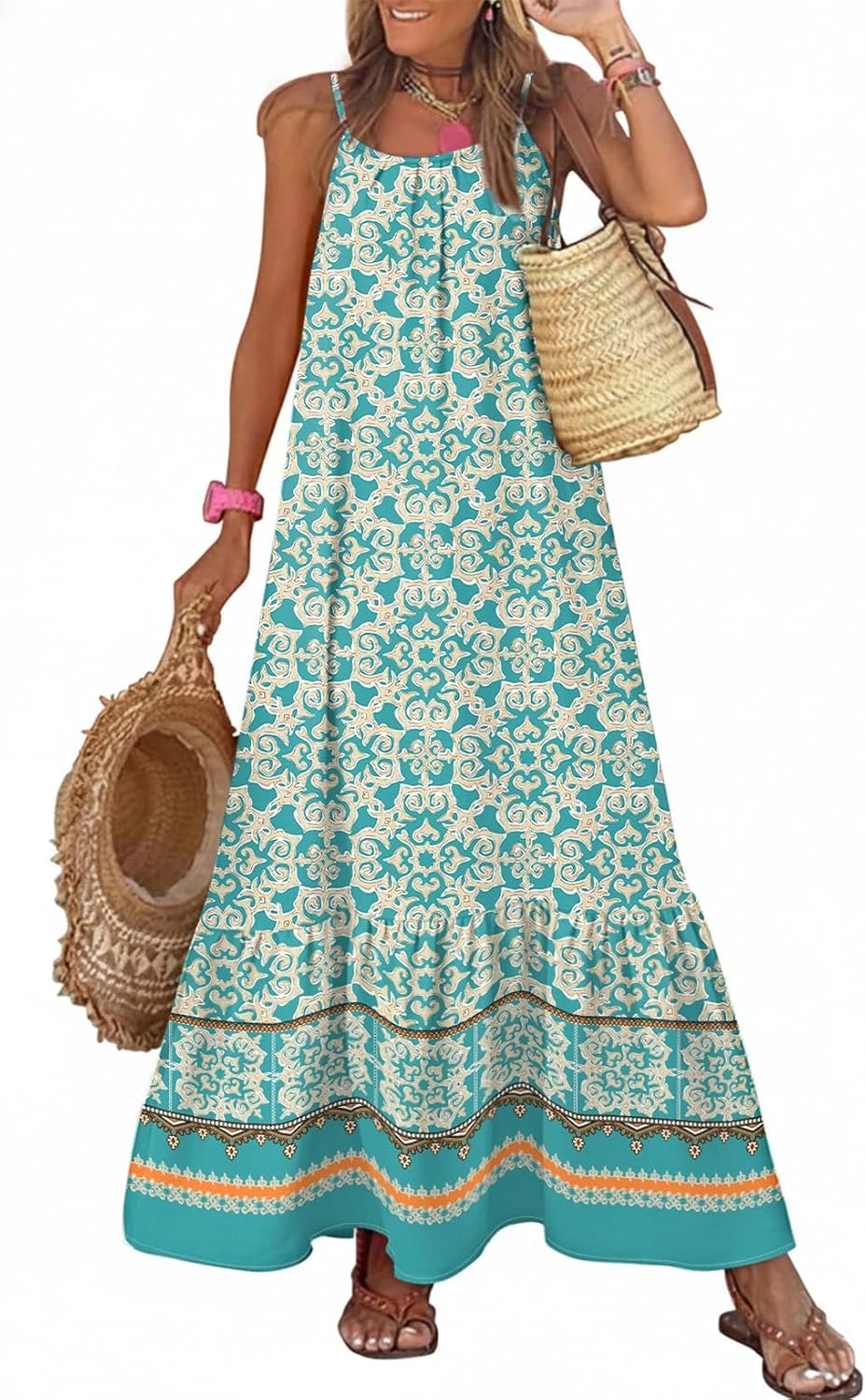 Dokotoo Women Summer Dresses Scoop Neck Ruffle Flowy Boho Maxi Dress