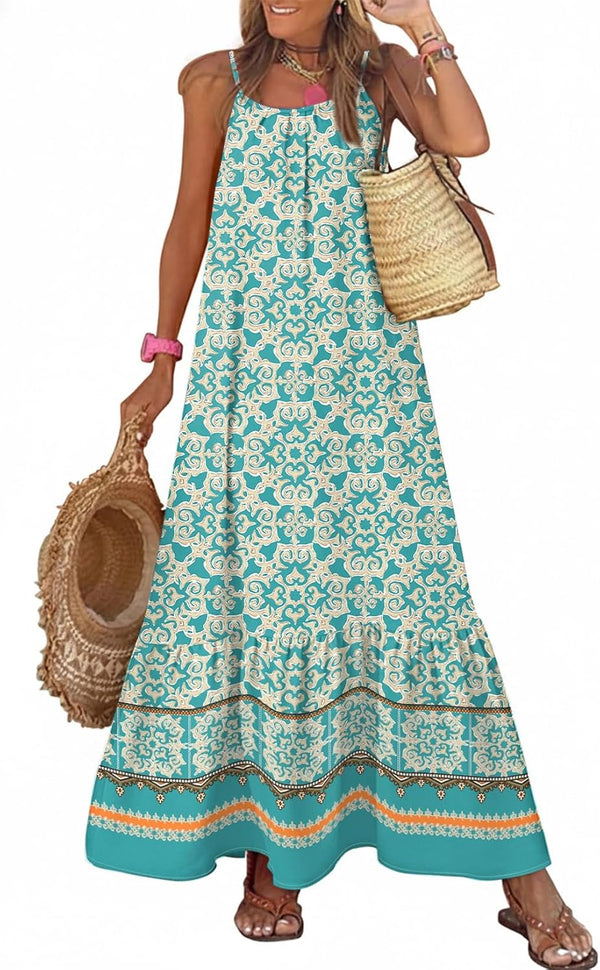 Dokotoo Women Summer Dresses Scoop Neck Ruffle Flowy Boho Maxi Dress