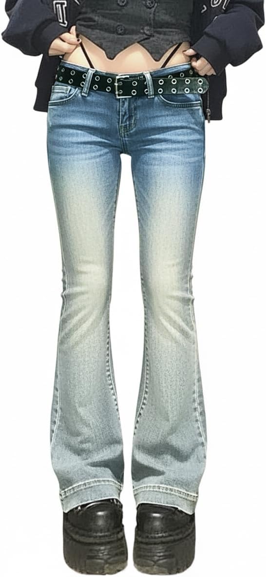 Women Bell Bottom Jeans Stretchy Flare Mid Rise Embroidery Vintage