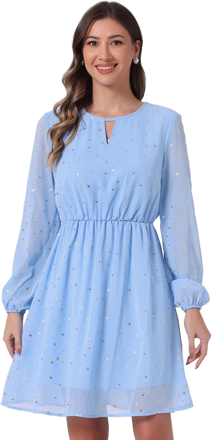 Allegra K Women Metallic Star Choker V Neck Party Flared A-Line Dress