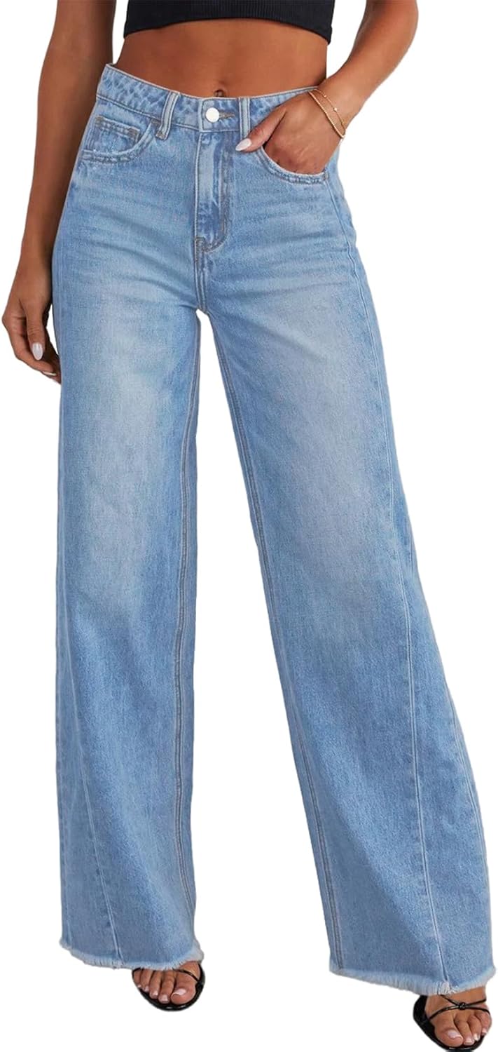 Sidefeel Women's Wide Leg Jeans High Waisted Stretchy Raw Hem