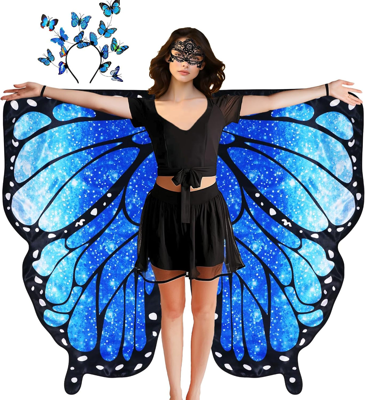 D.Q.Z Double Sided Women Butterfly Wings Costumes for Adults Fairy Music-Festivals with Headband Halloween Cosplay Party