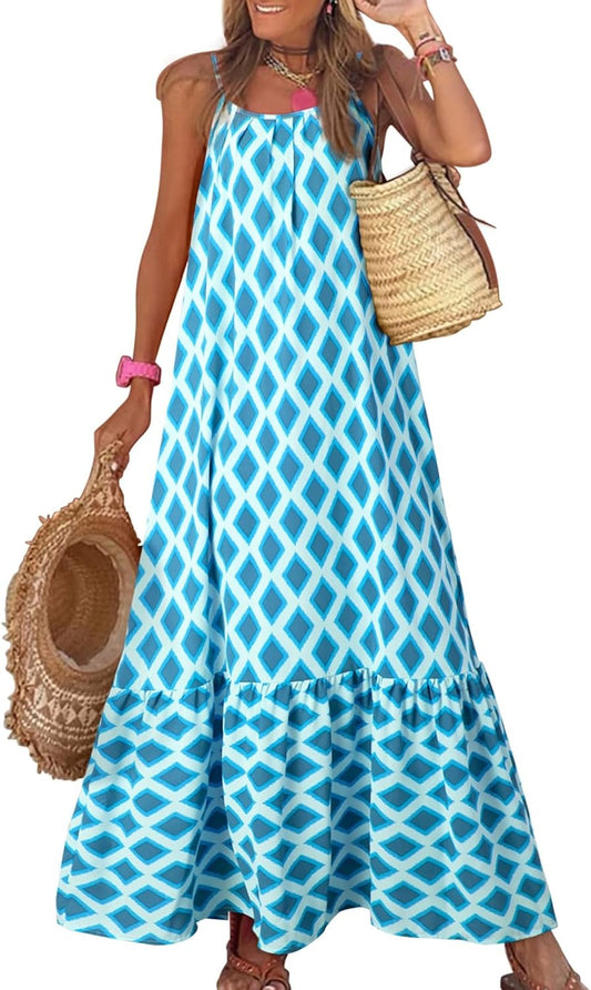 Dokotoo Women Summer Dresses Scoop Neck Ruffle Flowy Boho Maxi Dress