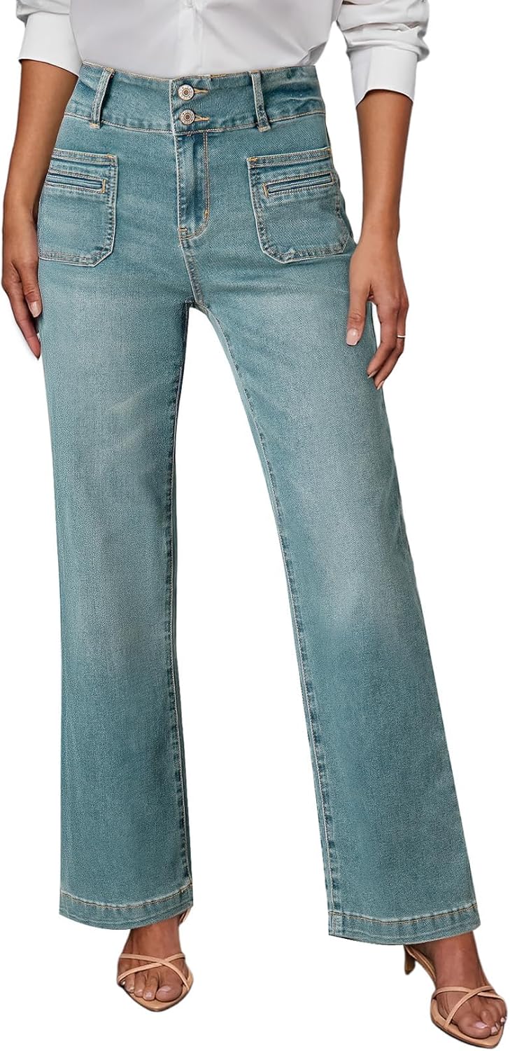 Sidefeel Women's Wide Leg Jeans High Waisted Tummy Control Stretchy