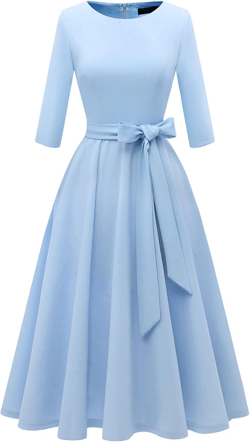 DRESSTELLS Cocktail Dresses for Women, Vintage Wedding Guest 3/4 Sleeves Formal Church Tea Dress