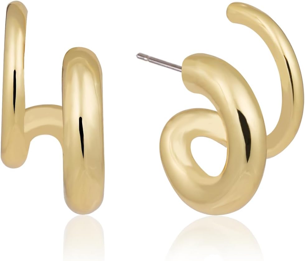 14K Gold Plated Illusion Stud Earrings for Women | Triple Huggie Hoop Earrings for One Hole| Trendy Simple Hypoallergenic Fashion Accessories Gold