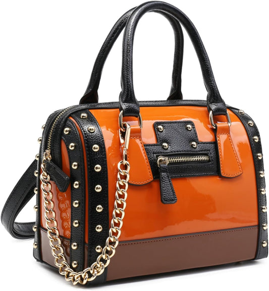 Women's Barrel Bag Shiny Patent Faux Leather Top-Handle Satchel