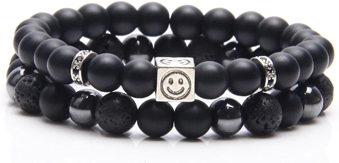 Black Obsidian Bracelet for Men - Black Tourmaline Beaded Bracelets - Mens Bracelet Set 8MM Black Onyx Hematite Lava Stone Beads Triple Protection Bracelet for Men Women Gifts