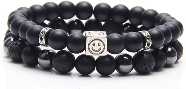 Black Obsidian Bracelet for Men - Black Tourmaline Beaded Bracelets - Mens Bracelet Set 8MM Black Onyx Hematite Lava Stone Beads Triple Protection Bracelet for Men Women Gifts