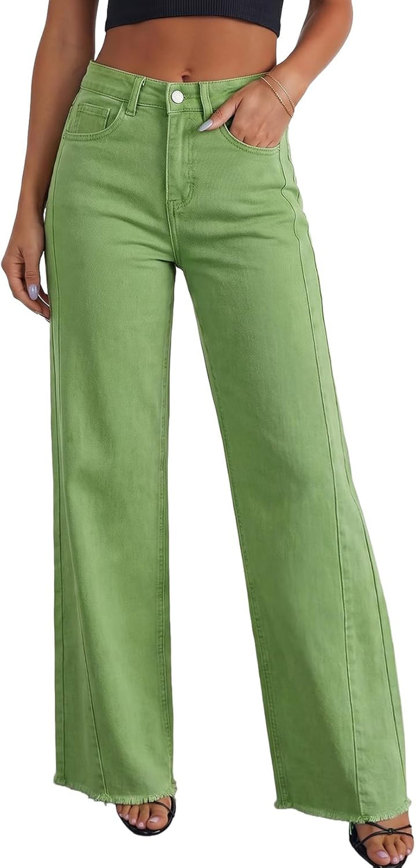 Sidefeel Women's Wide Leg Jeans High Waisted Stretchy Raw Hem