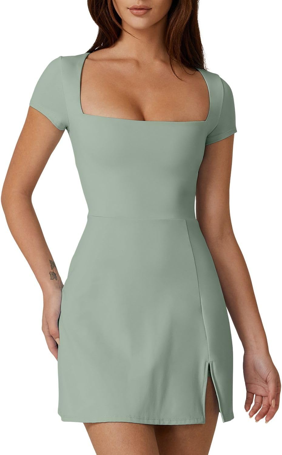 QINSEN Womens Square Neck Tennis Dress Short Sleeve Built in Shorts Golf Athletic Dress with Pockets